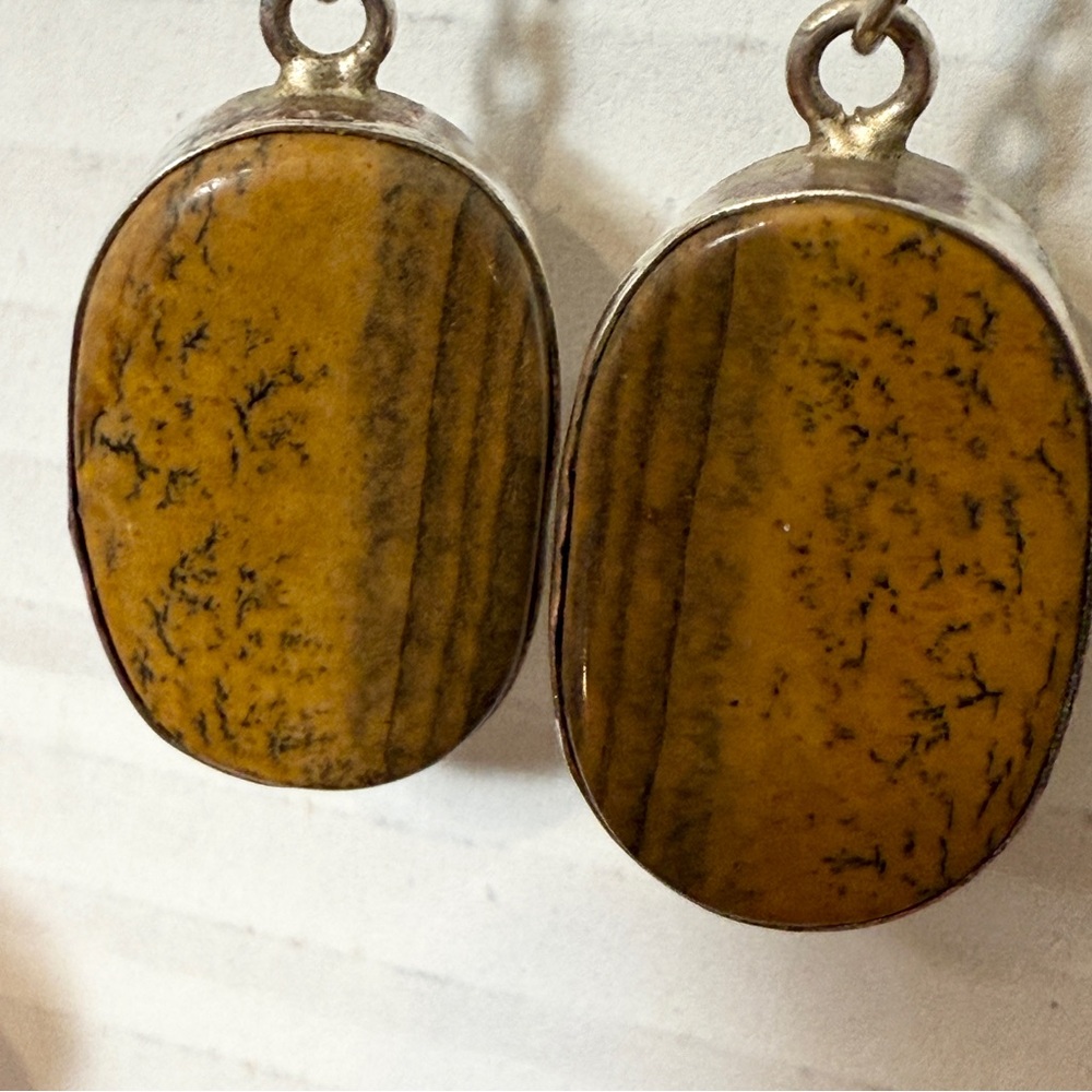 VTG Landscape Yellow Jasper Earrings Gemstone Silver Drop Dangle Boho Hippie‎ 1”